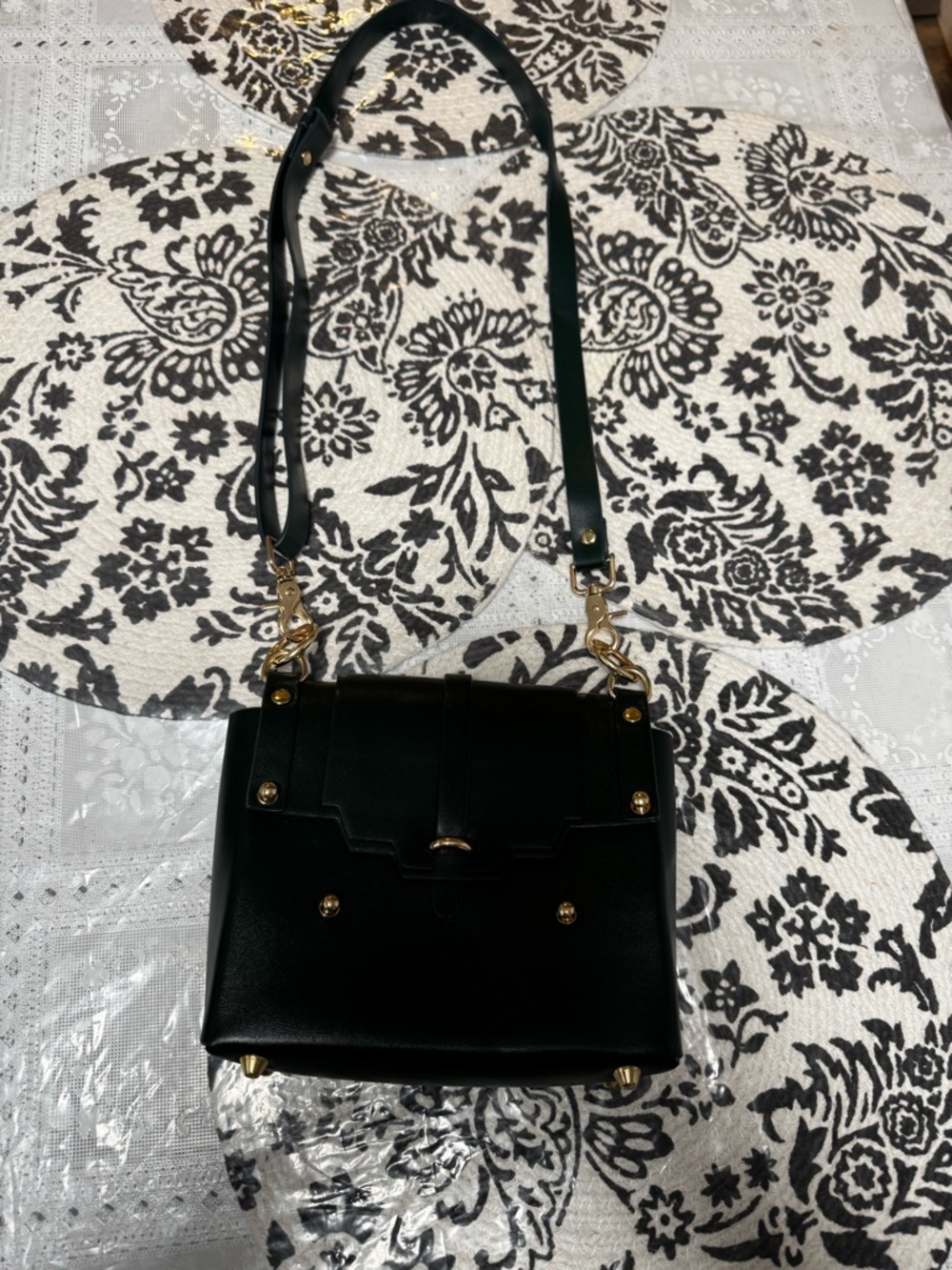 Dark Green Structured Crossbody Bag with Gold Hardware - Picture 2 of 6